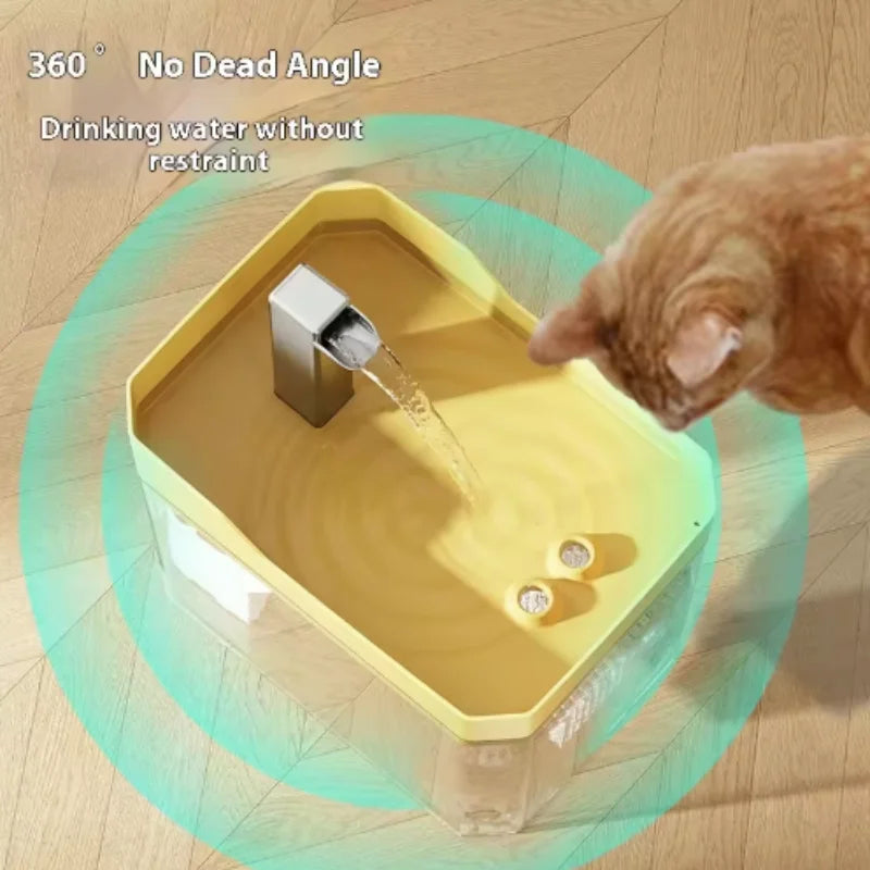 360-degree top view of cat drinking from wide cat water fountain basin - Wild Indoors Pet