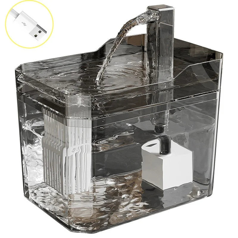 Clear transparent acrylic USB cat water fountain on white background - Wild Indoors Pet
