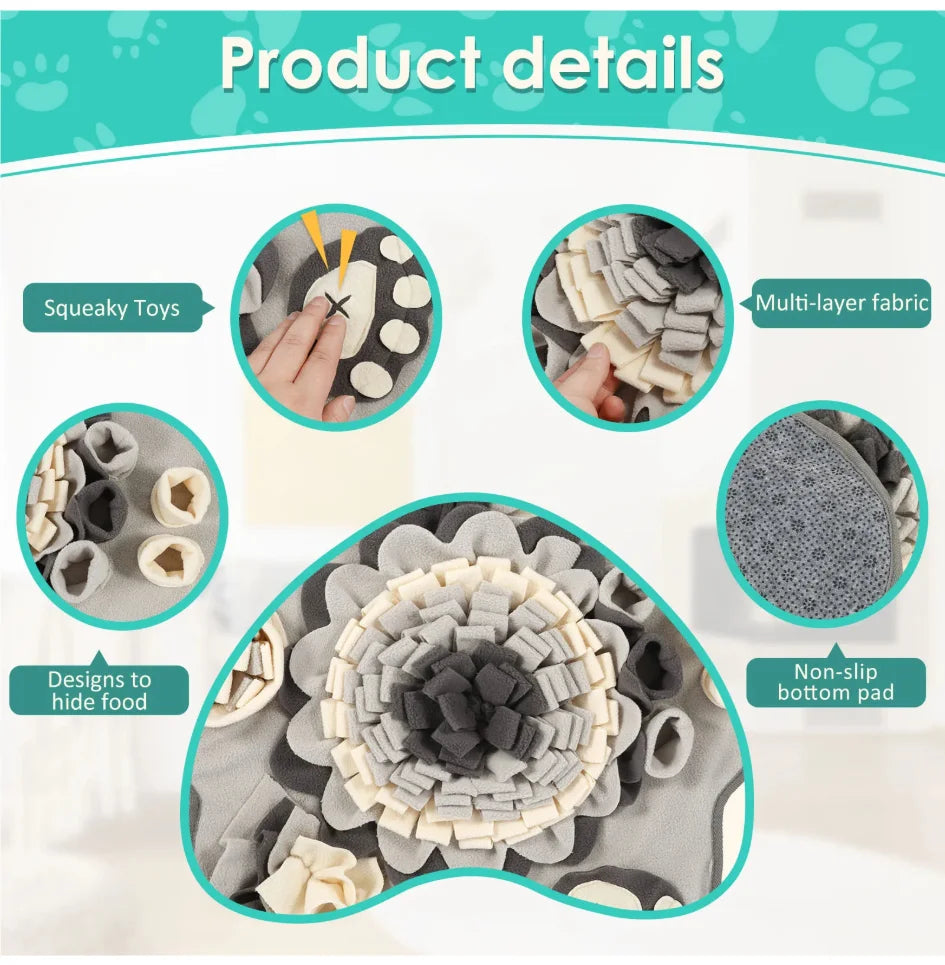 Snuffle mat product details - squeaky toys, multi-layer fabric, non-slip bottom pad - Wild Indoors Pet