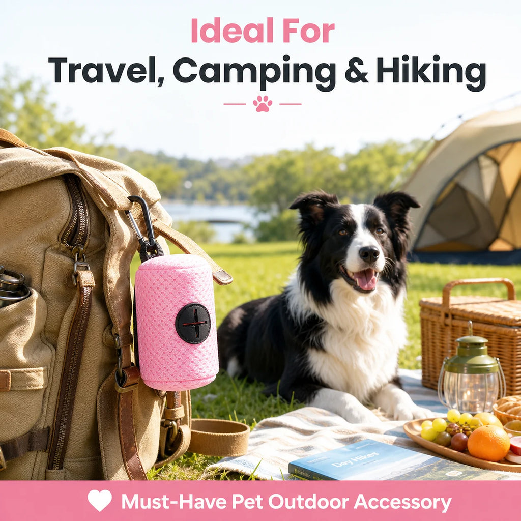 Dog poop bag dispenser clipped to harness for hiking and camping trips - Wild Indoors Pet