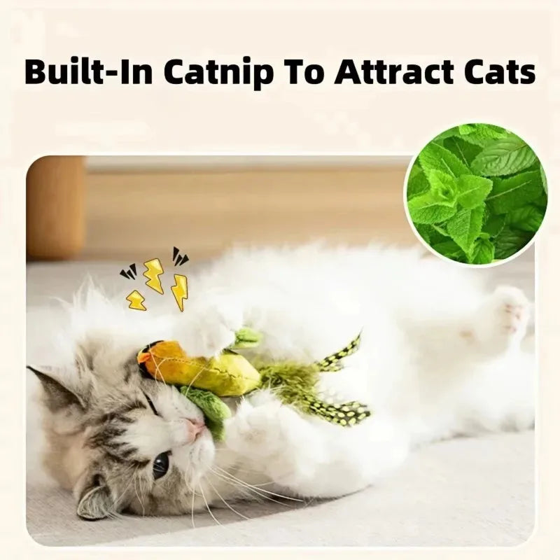 Cat playing with bird cat toy featuring built-in catnip pouch - Wild Indoors Pet