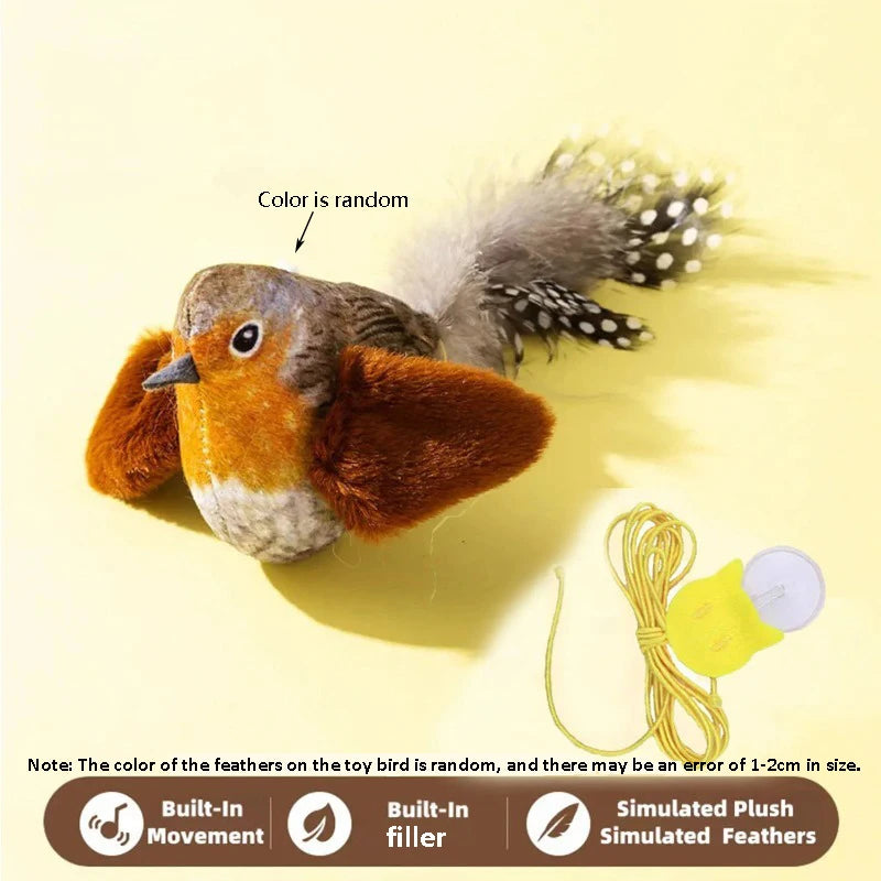 Brown plush bird cat toy with built-in movement and simulated feathers - Wild Indoors Pet