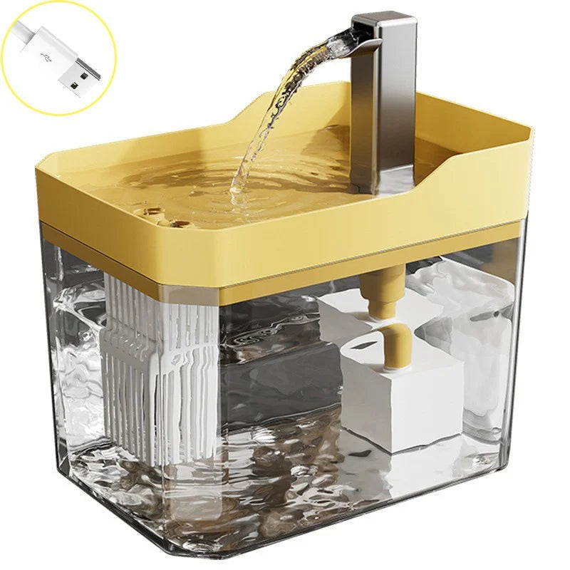 Yellow and clear USB-powered cat water fountain on white background - Wild Indoors Pet