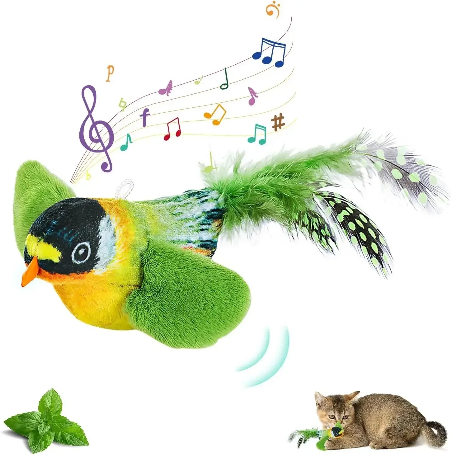 Colorful plush bird cat toy with feathers and musical notes, cat playing nearby - Wild Indoors Pet