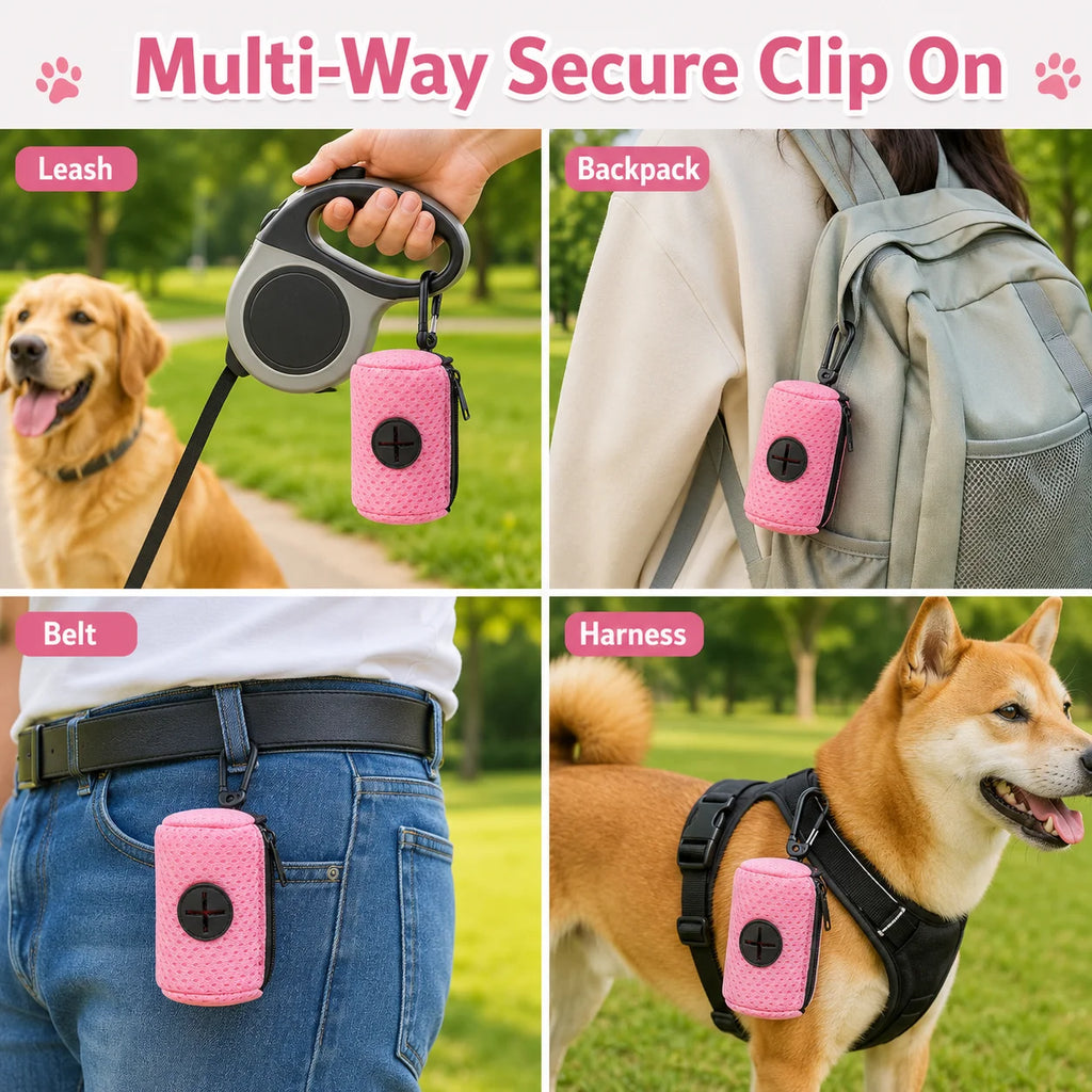 Multi-way secure carabiner clip attaches dispenser to leash or bag - Wild Indoors Pet