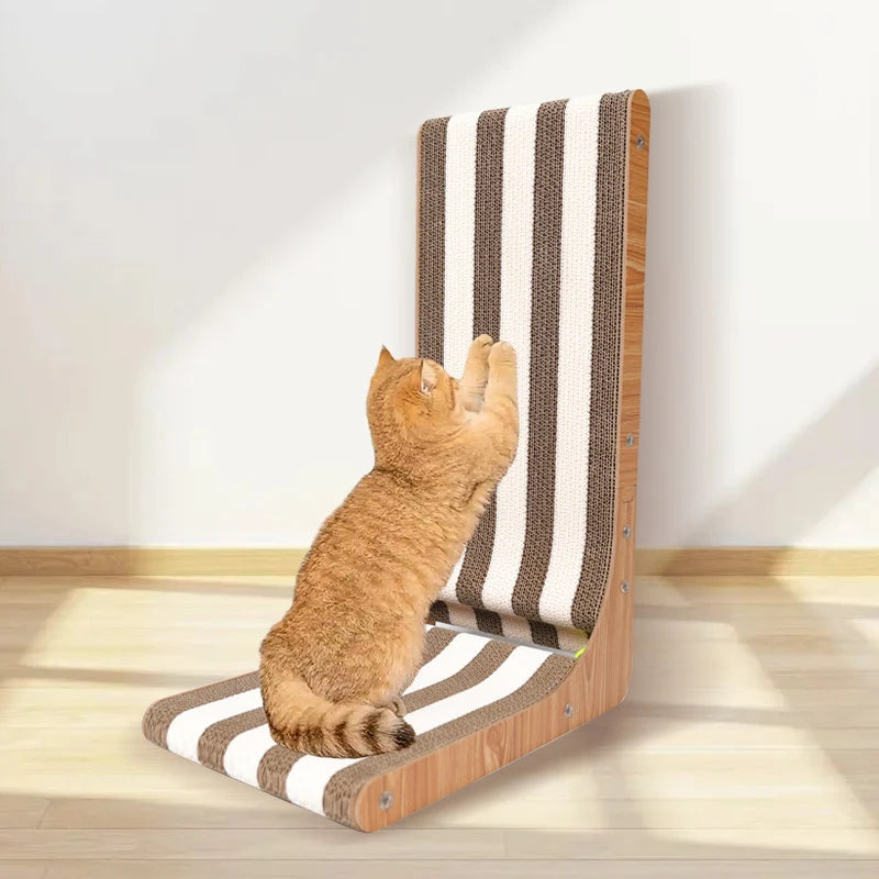 Cat stretching and scratching on striped L-shaped scratching post - Wild Indoors Pet