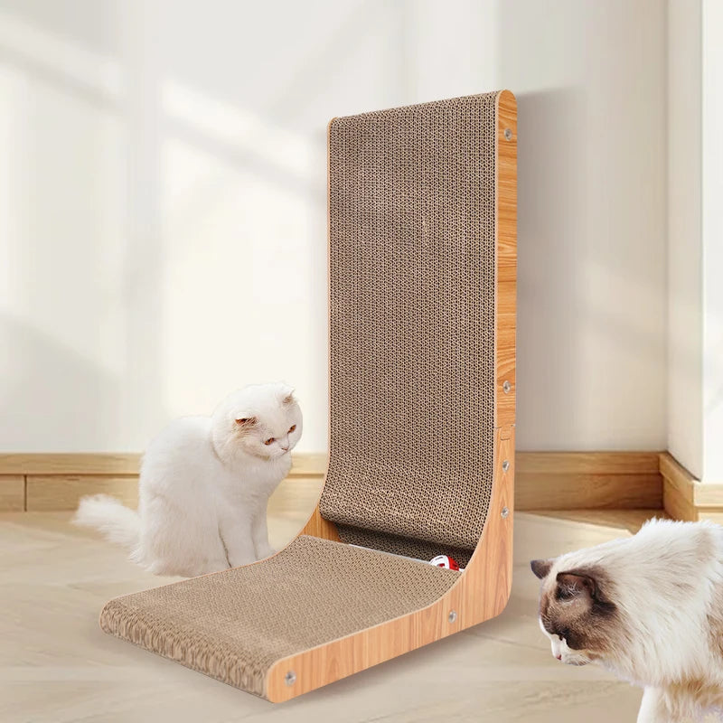 Two cats curiously exploring gold sisal L-shaped scratching post - Wild Indoors Pet