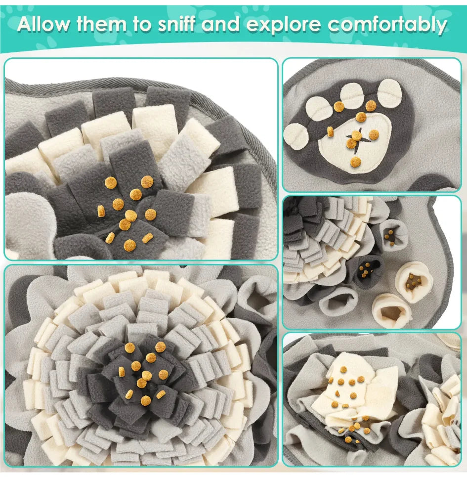 Close-up collage of snuffle mat petals with hidden treats for sniffing - Wild Indoors Pet