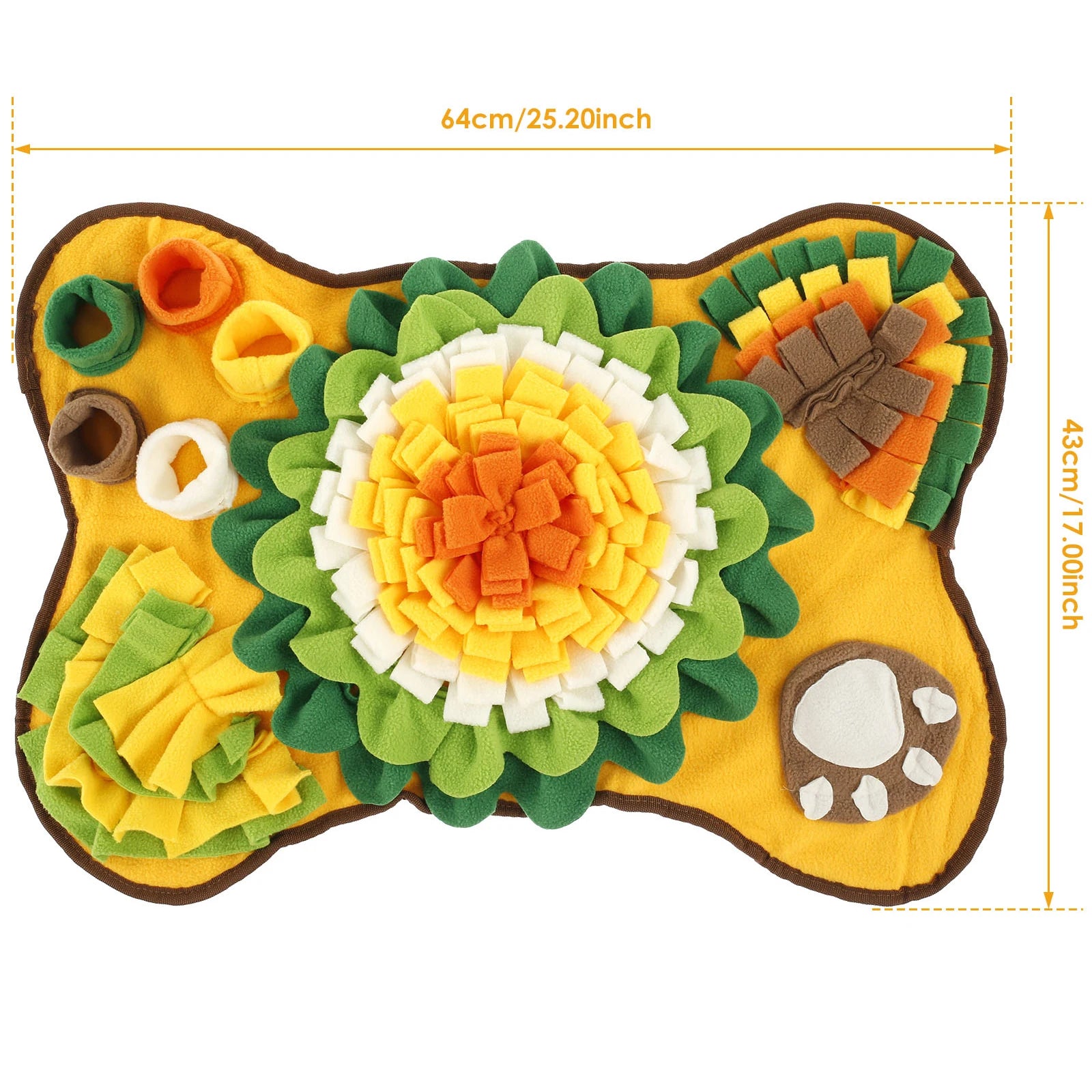Yellow sunflower design dog snuffle mat with dimensions - Wild Indoors Pet