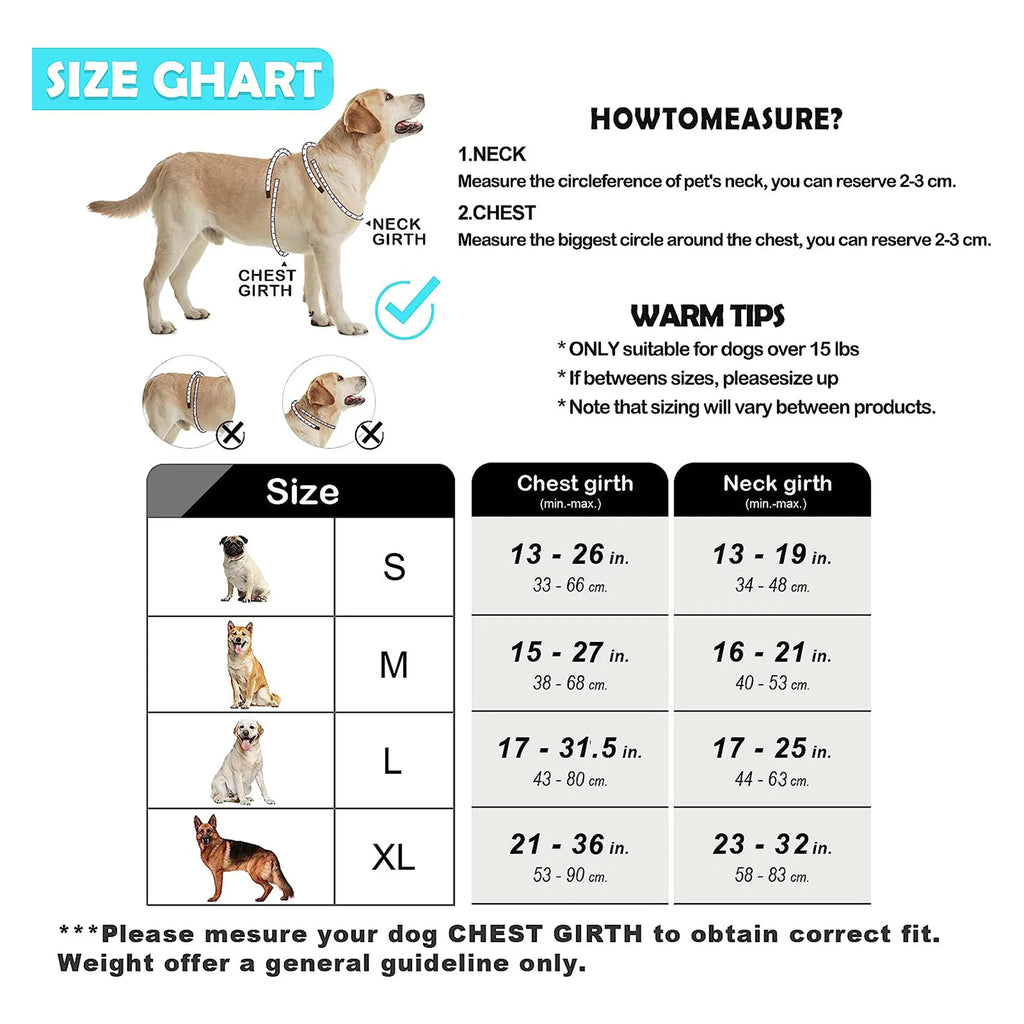 Dog harness size chart with neck and chest measurements for S, M, L, XL - Wild Indoors Pet