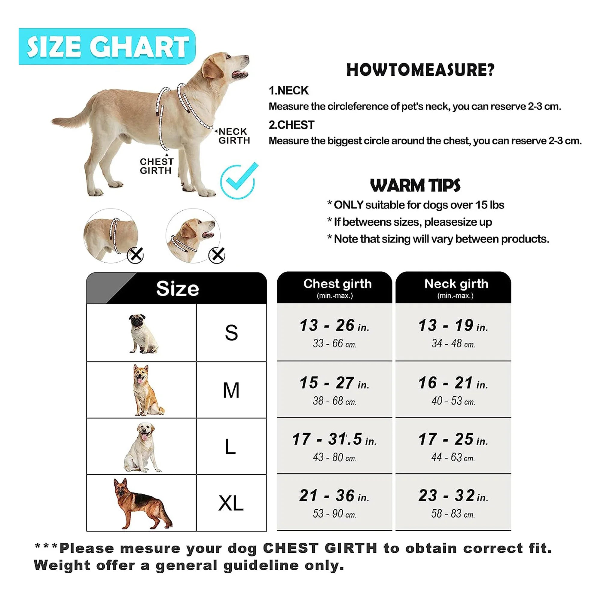 Dog harness size chart with neck and chest measurements for S, M, L, XL - Wild Indoors Pet