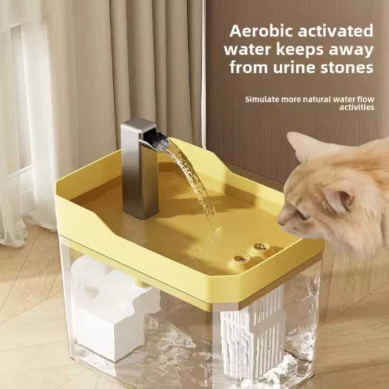 Cat drinking flowing water from yellow automatic cat water fountain - Wild Indoors Pet