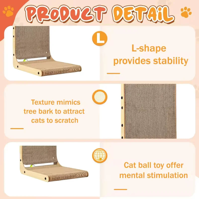 Product detail infographic showing L-shape stability, sisal texture, and ball toy feature - Wild Indoors Pet