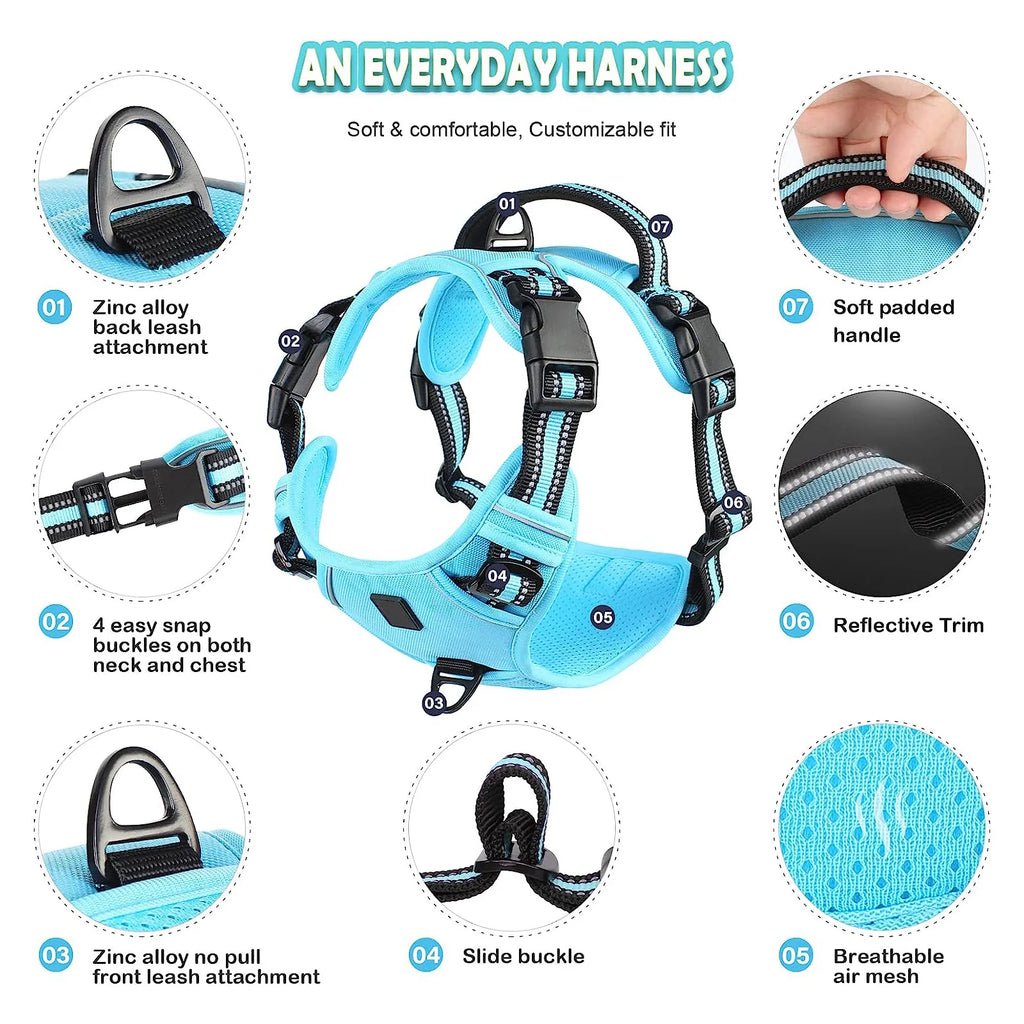 No pull dog harness product features highlighted on white background - Wild Indoors Pet