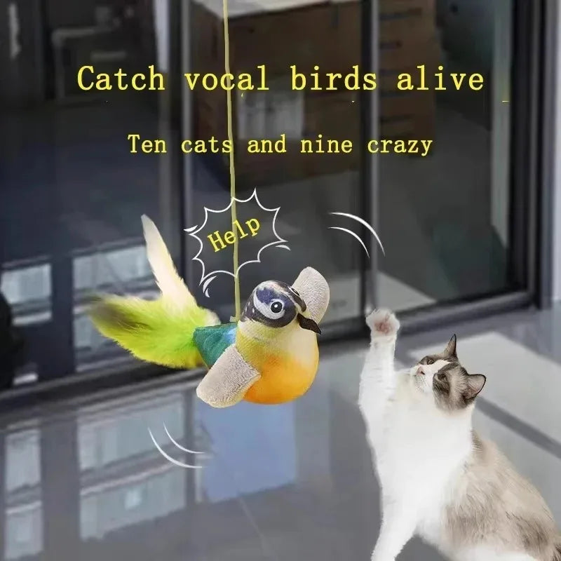 Cat jumping to catch hanging bird cat toy with lifelike chirping sound - Wild Indoors Pet