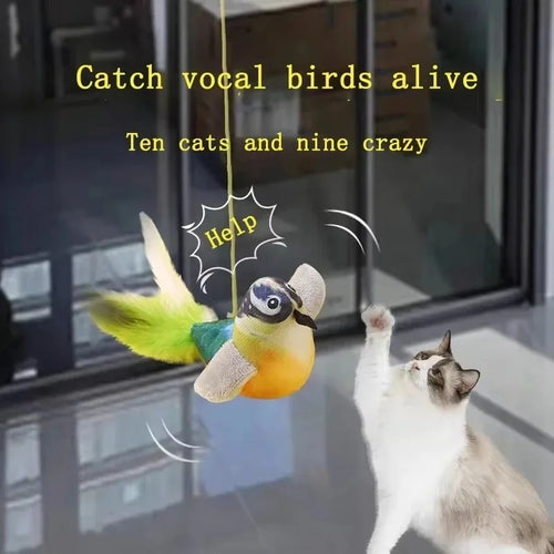 Cat jumping to catch hanging bird cat toy with lifelike chirping sound - Wild Indoors Pet