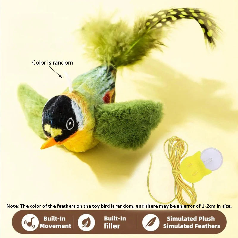 Green plush bird cat toy with feathers and built-in movement - Wild Indoors Pet