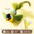 Green plush bird cat toy with feathers and built-in movement - Wild Indoors Pet