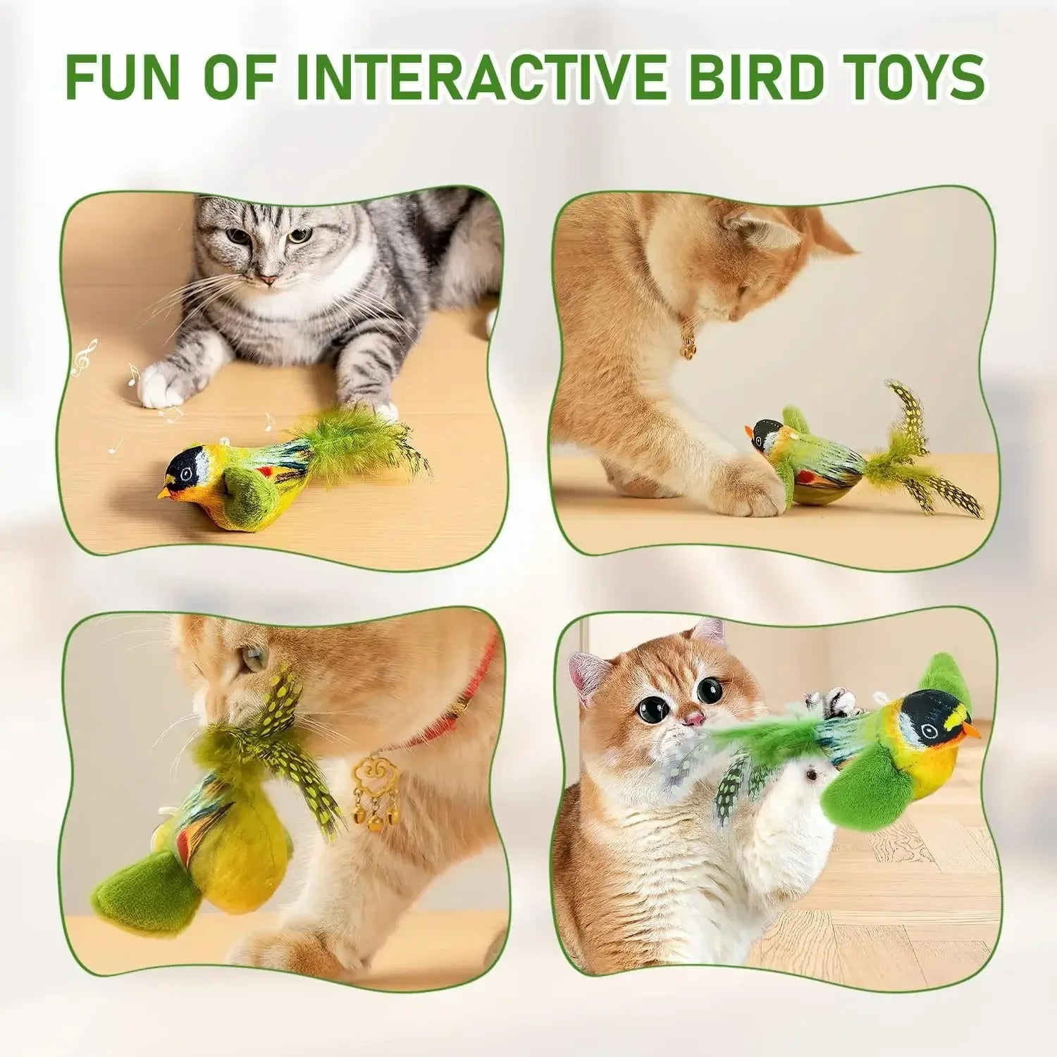 Collage of cats biting and pouncing on interactive bird cat toys - Wild Indoors Pet