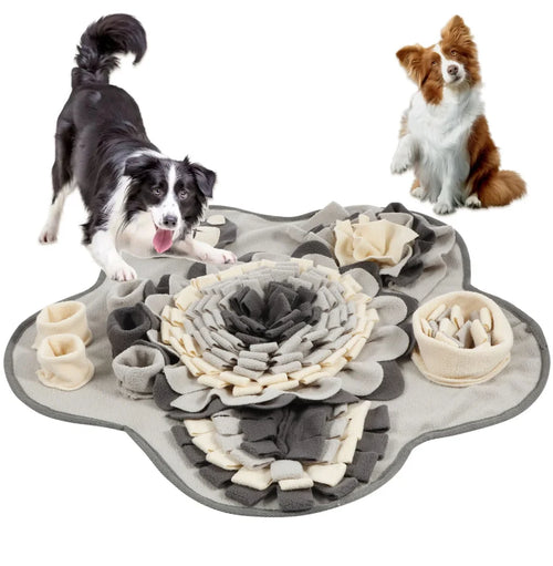 Two dogs playing with grey and cream flower petal snuffle mat - Wild Indoors Pet