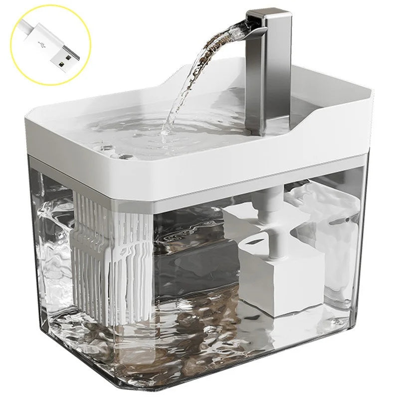 White transparent USB cat water fountain on white background - Wild Indoors Pet