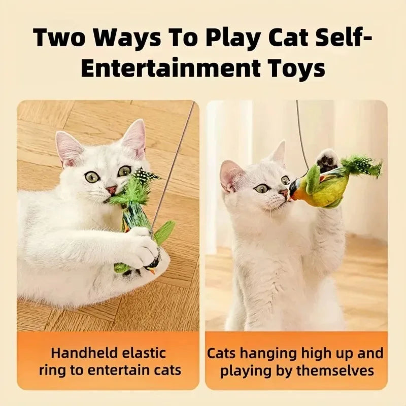 Two ways to play with bird cat toy - handheld interactive or hanging solo play - Wild Indoors Pet