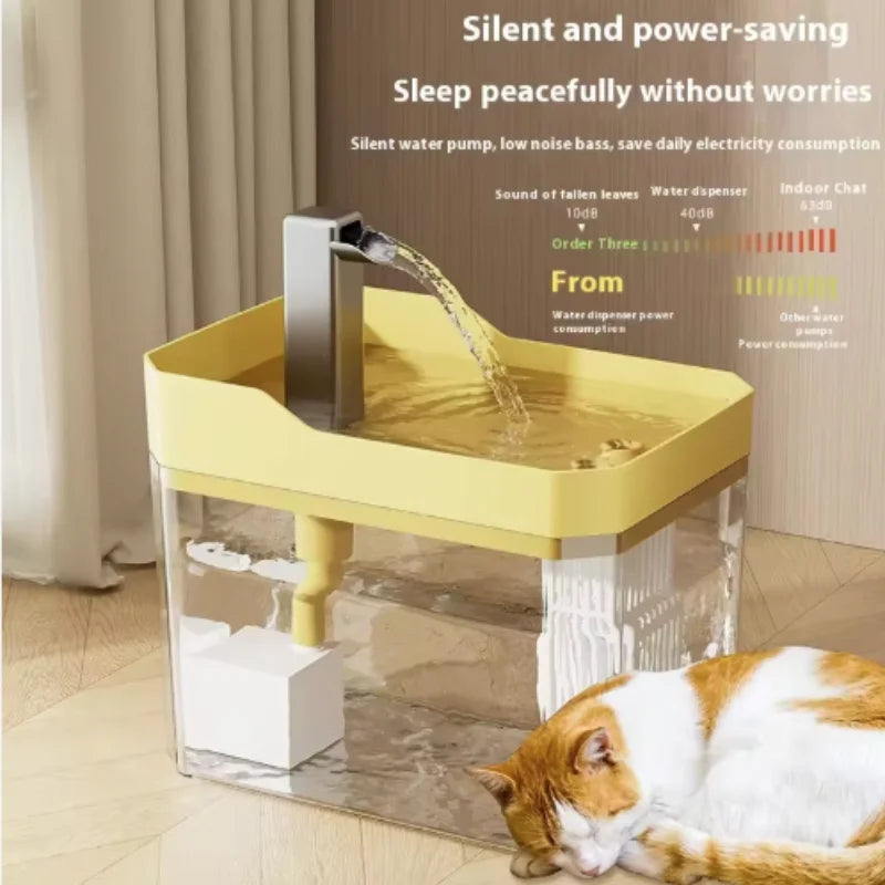 Silent power-saving cat water fountain with cat resting nearby - Wild Indoors Pet