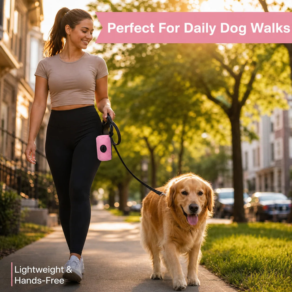 Woman walking dog with pink poop bag dispenser clipped to leash - Wild Indoors Pet